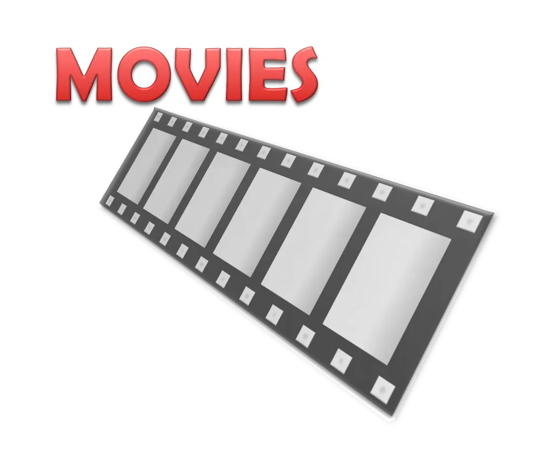 Film tape expanding underneath text stating 'Movies'